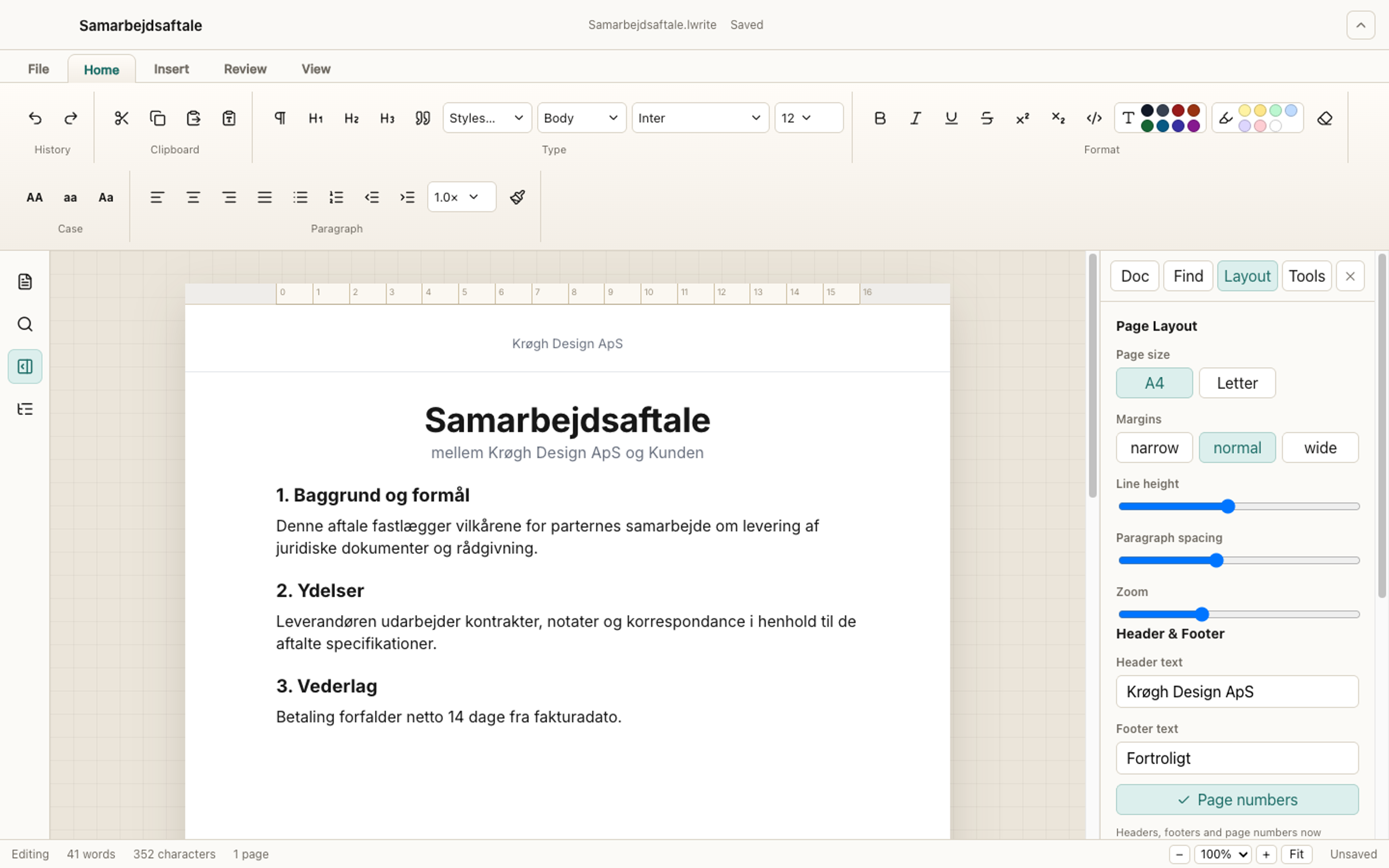 WRITER editing a document, showing the ribbon, page, header and the Layout panel